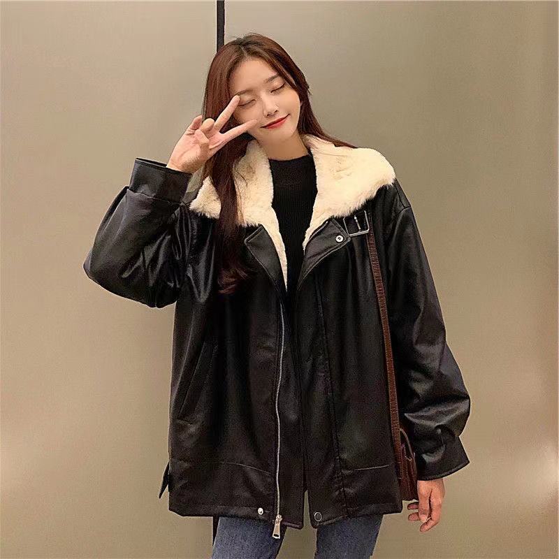 

Winter Warm Artificial Leather Jacket Womens Casual Loose Motorcycle Jacket Womens Street Style Large Coat Korean Fashion Coat, Dark grey