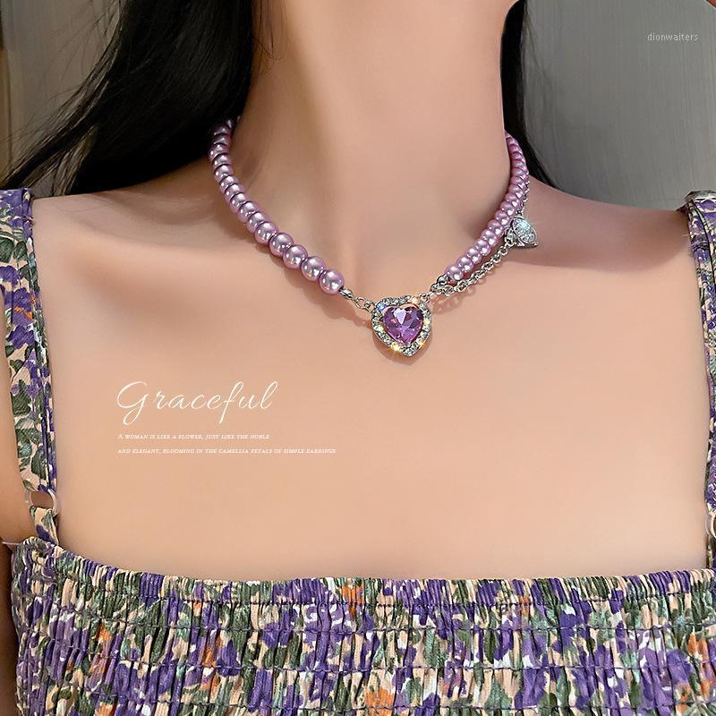 

Chains Purple Heart Pendant Necklace For Women Pearl Vintage Fashion Charm Creative Simple Sweet Punk Choker Jewelry