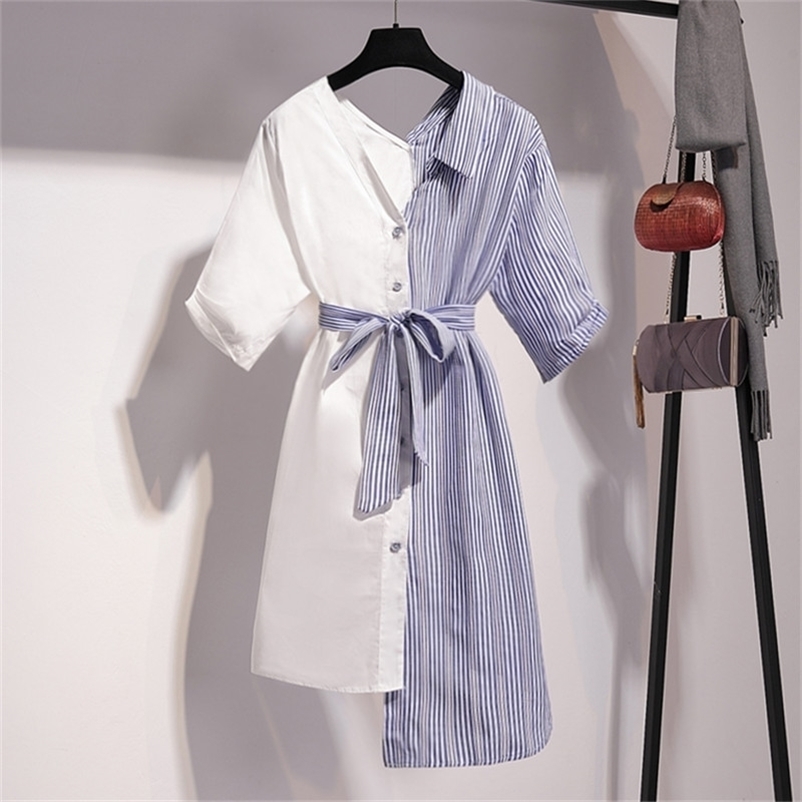 

Summer Dress Woman Fashion Irregular Stripes Splice White Girl Ladies Leisure Loose es Vestido A260 210519