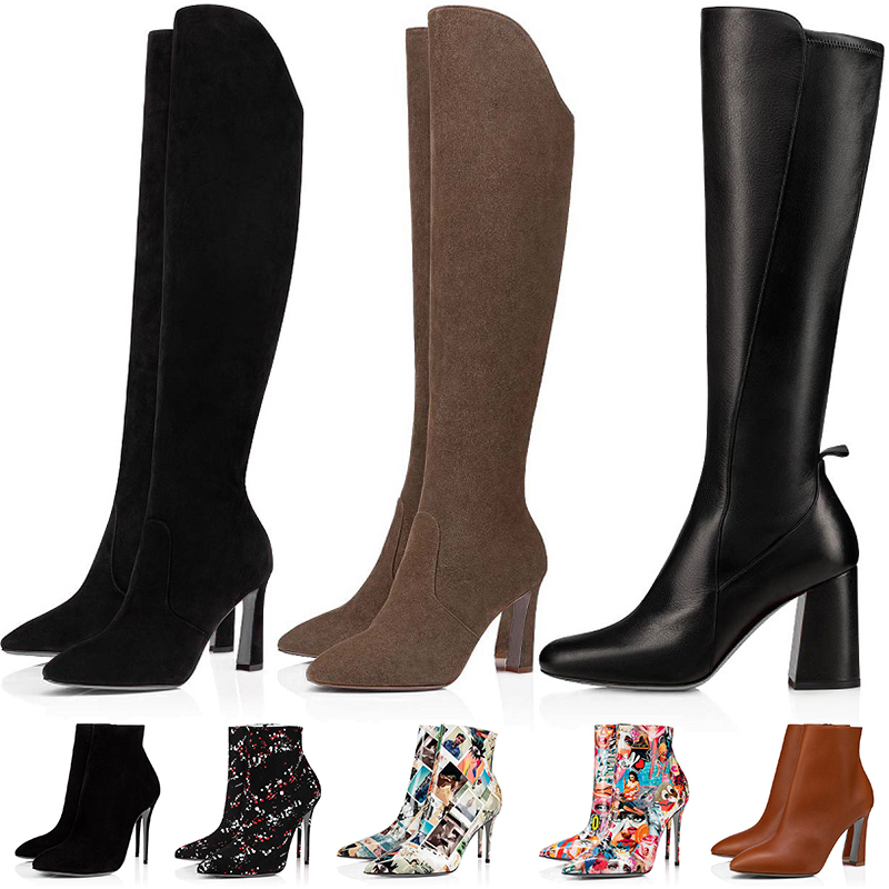 

Luxury With Box Red Bottoms Womens High Heels Designer Boots Lou boutins Ankle Knee Christians Pointed toes leather Booties Fashion Wedding, Black