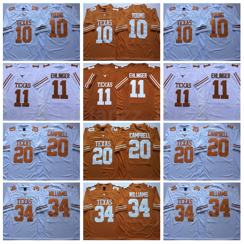 

NCAA College Texas Longhorns Football 10 Vince Young Jersey 20 Earl Campbell 34 Ricky Williams 11 Sam Ehlinger University Orange White Team All Stitched Top/High, 10 white