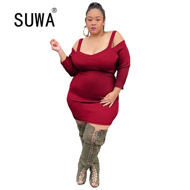 

Off Shoulder Long Sleeve Sexy Dress For Women Wholesale Plus Size XL- Clothing Bodycon Knitted Club Party 210525, Red