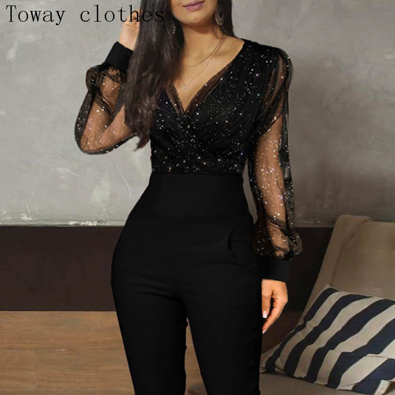 

Party Jumpsuit Glitter Semi Sheer Mesh Bodycon Long Sleeve Women Skinny Casual Solid Romper