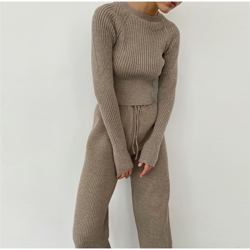 

Women Autumn Winter Solid Knitted Sweater Sets Casual O Neck Pullover and Drawstring Pants Outfits Homewear Lady Suit 211109, 01 white