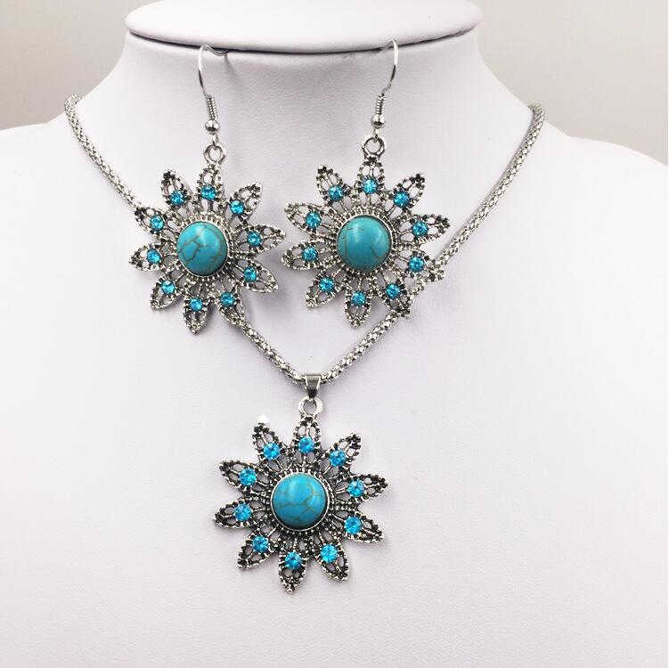 

women's sun flower Tibetan silver turquoise earrings necklace set GSTQS026 fashion gift national style women DIY jewelry sets, As show