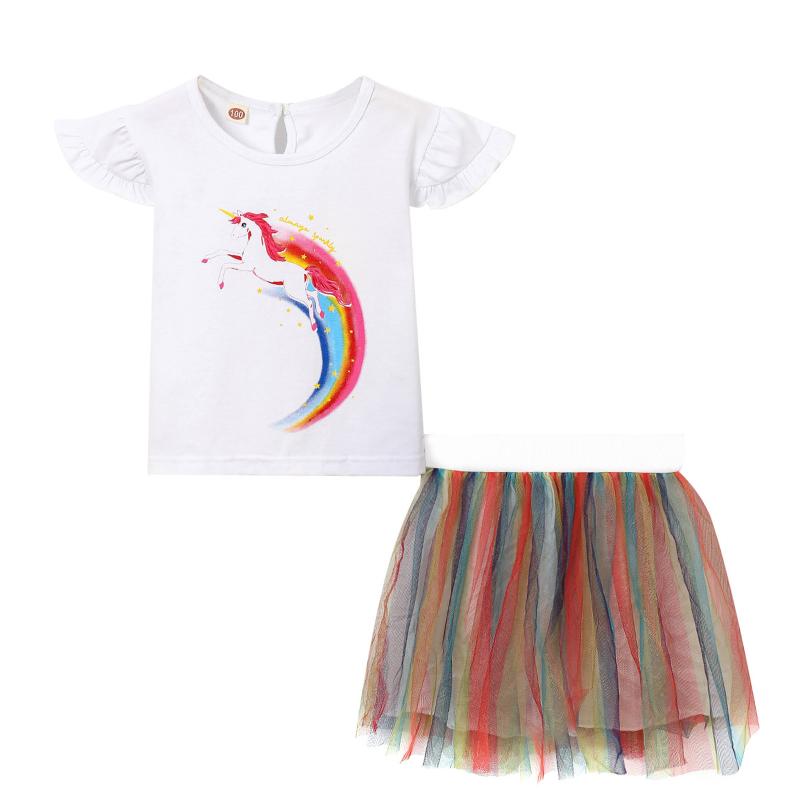 

Girl's Clothing Set Print Flying Sleeve Tops And Tulle Skirt Two-piece Suit For Vacation Birthday Party Sets, White