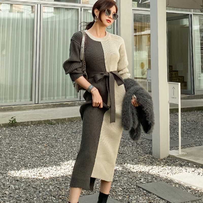 

Korea Autumn Winter Women Hit Color Patchwork Long Sleeve Knit Sweater Maxi Dresses Female Clothes Robe Vestidos 210526, Photo color