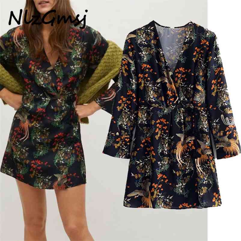 

Dres's Floral Printing V-neck High Waist Short A-line Female Long Sleeve Sweet Mini Vestido 03 210628, As picture