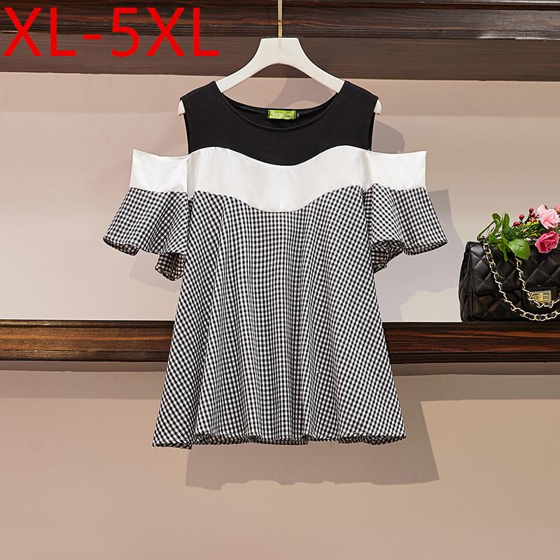 

Women's Blouses & Shirts 4XL 5XL Plus Size Summer 2021 Women Shirt Short Sleeves O-Neck Off Shoulder Printed Patchwork Blouse Female Casual, White