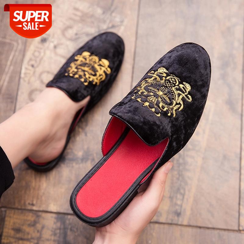 

WEH men half shoes Luxury royal style men mules slippers velvet embroidery bee pattern loafers fashion brand casual shoes #hb16