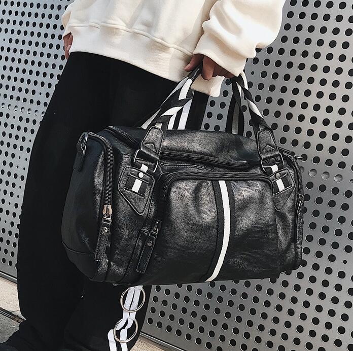

Factory wholesale men bag outdoor sports fitness and leisure handbags large horizontal multifunctional leather travel bags street trend striped handbag, Black