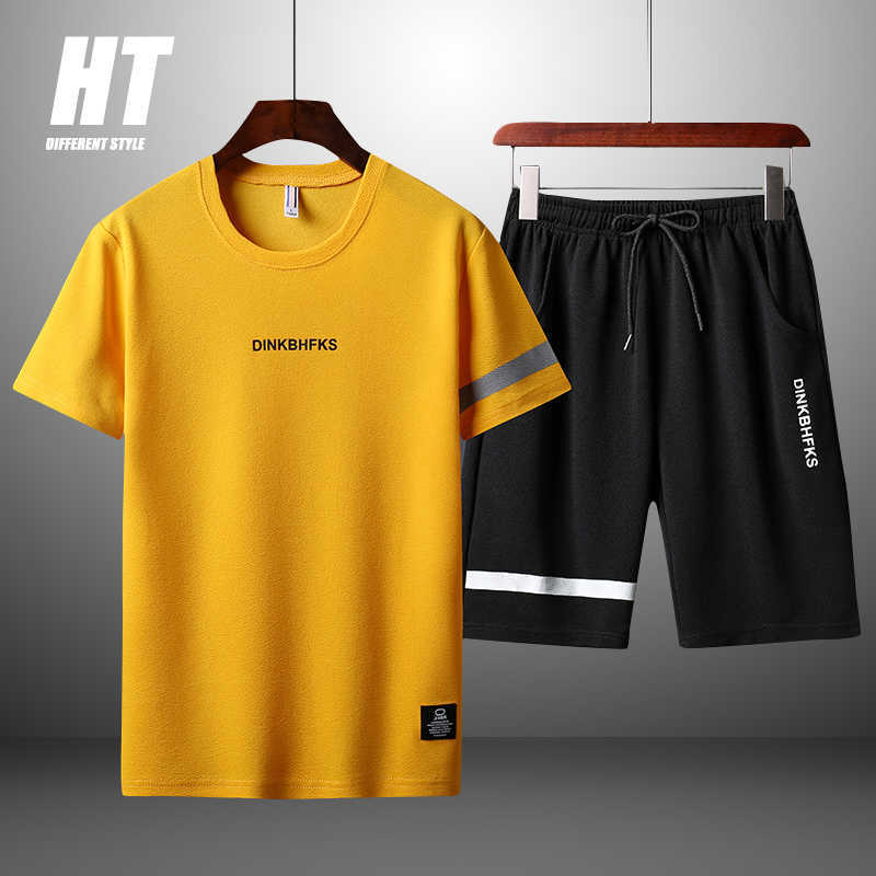 

2 Piece Set Men Fashion Summer Patchwork Stripe SweatShirt Tracksuit Jogging Basketball Set+Shorts Casual Tee Shirts Sport Suit 210603, Mw881black