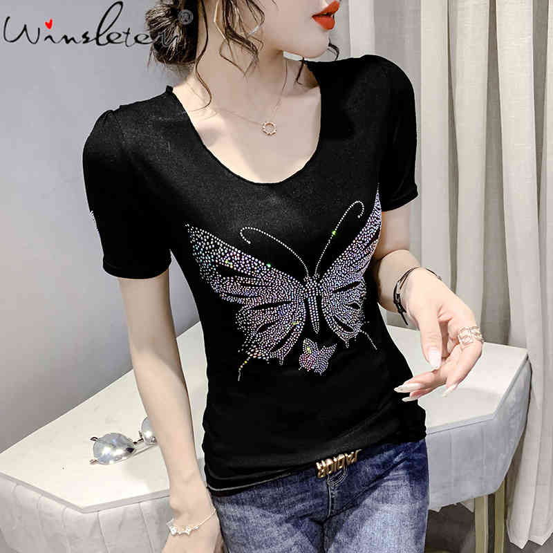 

Women's T-Shirt Summer Korean Style Elastic Sexy Fashion O-Neck Diammonds Butterfly Women Tops Short Sleeve All Match Tees 2021 T1, Black tshirt