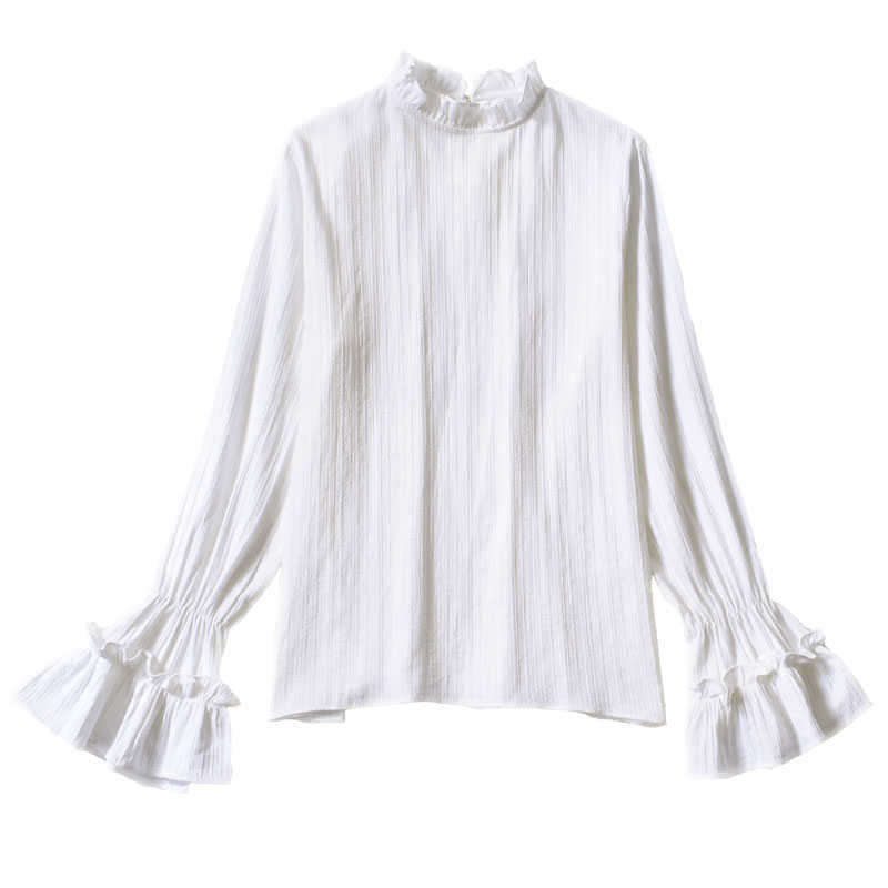 

Sexy Women Lace Hollow Out Blouses Tops Elegant Female Loose High Neck Casual Embroidery Long Sleeve White Shirts 210601