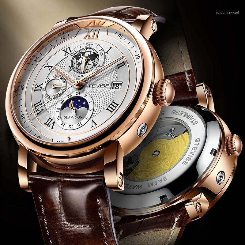 

Business Mens Watches Luxury Tourbillon Automatic Mechanical Watch Men Fashion Leather Waterproof Moon Phase Date Clock Wristwatches, Gold white