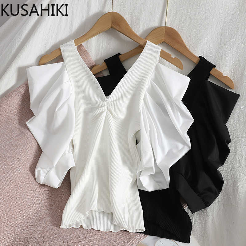 

Sexy Strapless V-neck Women Knitwear Puff Sleeve Korean Solid Slim Knitted Tops Summer Causal Jumper 6H109 210603, White