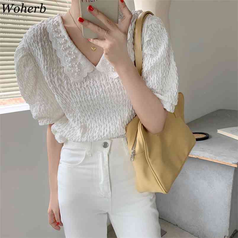 

Peter Pan Collar Blusas Mujer Beading Short Puff Sleeve Blouse Summer Vintage Korean Women Tops Shirts Fashion Cloth 210519, Apricot