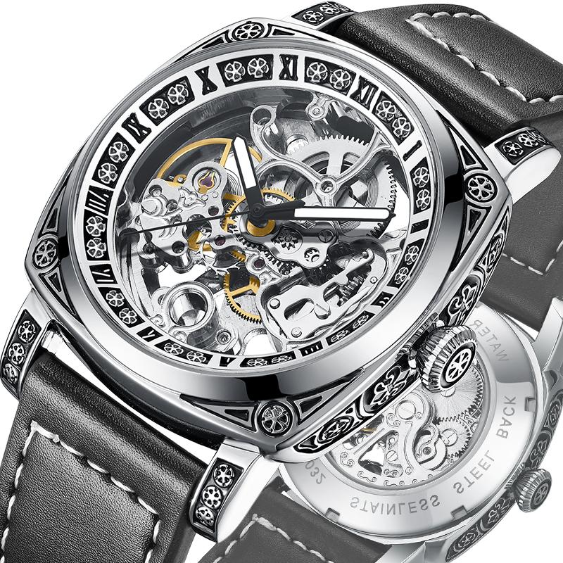 

Wristwatches Exquisite Carving Mechanical Watch Men Luxury Steampunk Skeleton Automatic Self-wind Watches Leather Sport Military Clock, Brown no box