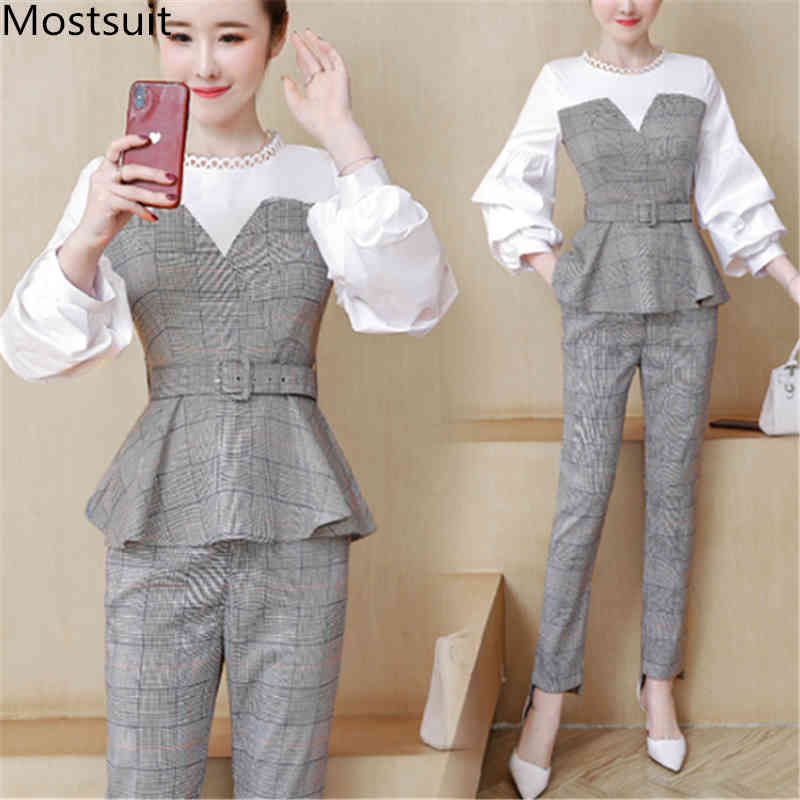 

Autumn Plaid Office Two Piece Sets Outfits Women Plus Size Patchwork Tunics Tops And Pants Suits Elegant Korean Grey 210518