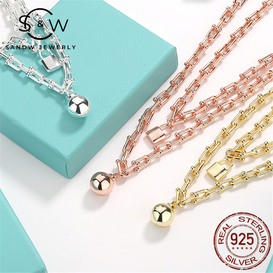 

SANDW S925 Sterling Silver Jewelry Ball Lock Necklace Pendant Lady Light Luxury Original Personality Trend Valentine's Day Gift for Girlfriend