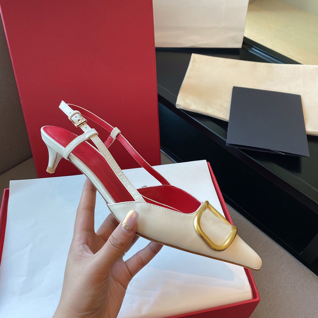 

women high heel sandal red wedding shoes Genuine Leather metal V buckle Single sexy pointed toe