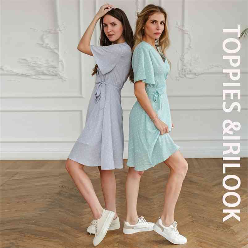

Toppies Summer Short Sleeve Shirts Dress Polka Dot Printing Woman v-neck Lace Up Belt vestido 210701, Light green