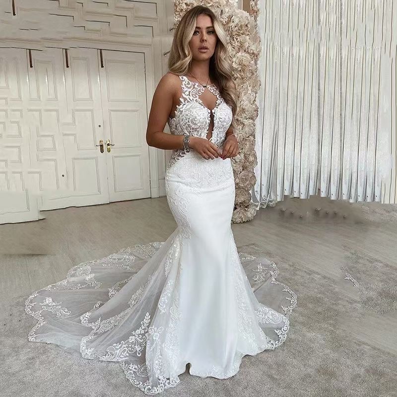 

Sexy Amelia Sposa Full Lace Appliques Mermaid Wedding Dresses 2021 Jewel Neck Chapel Train Plus Size Backless Bridal Party Gowns, White