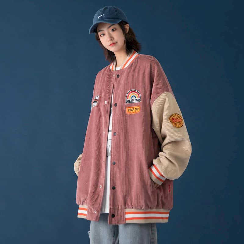 

Men's and women's contrast color corduroy baseball uniform jacket fall college style men's Korean loose outwear 210526, Pink
