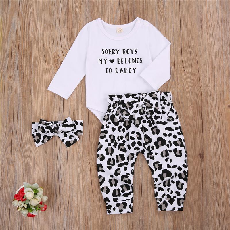

Clothing Sets 2021 Fashion Born Baby Girls Boys Clothes 3pcs Letter Long Sleeve Romper Tops Leopard Pants Headband 0-24M, White