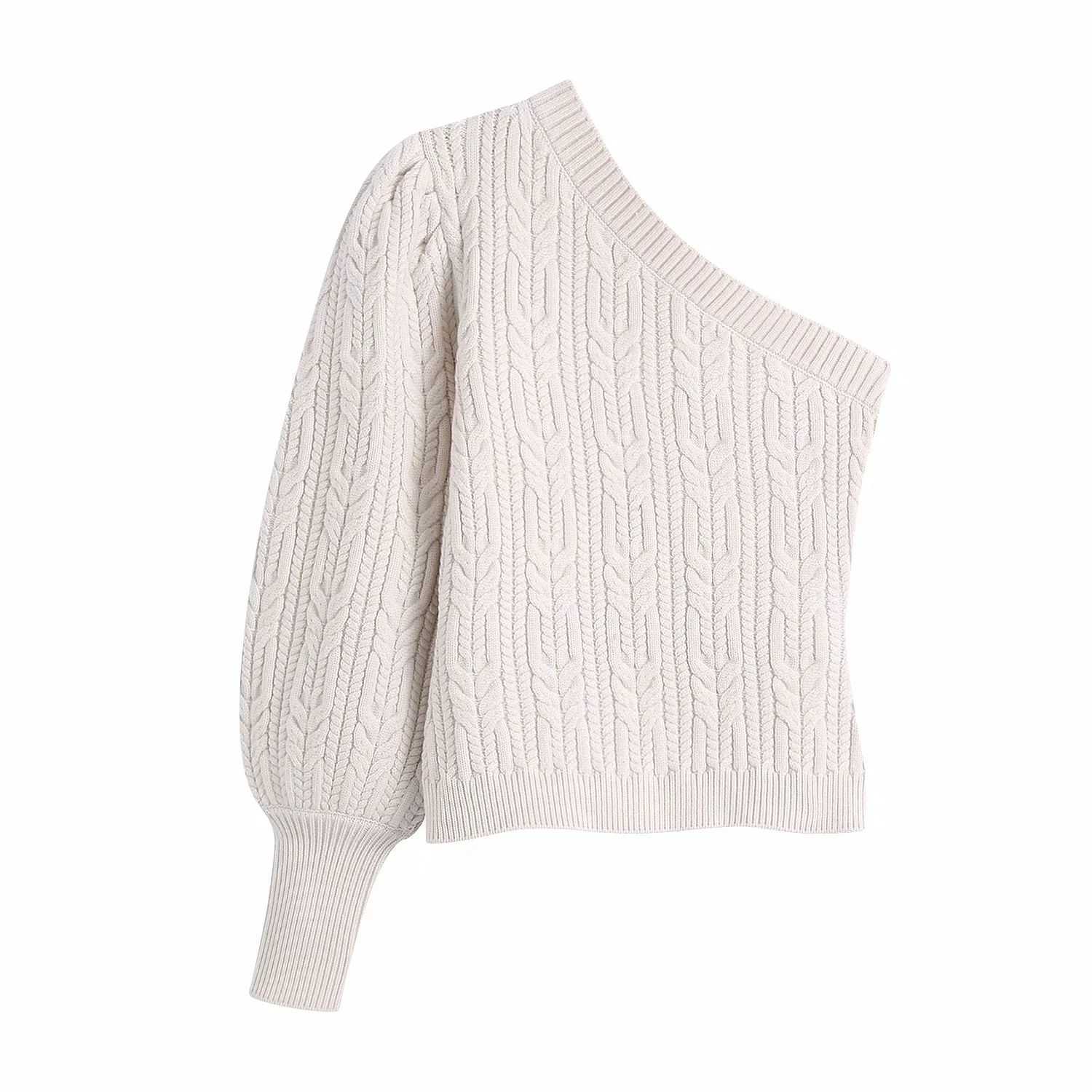 

Women Asymmetric Knit Sweater Puff Sleeves Casual Fashion Chic Lady Woman Knitted Sweater Pullover Tops 210709, As picture