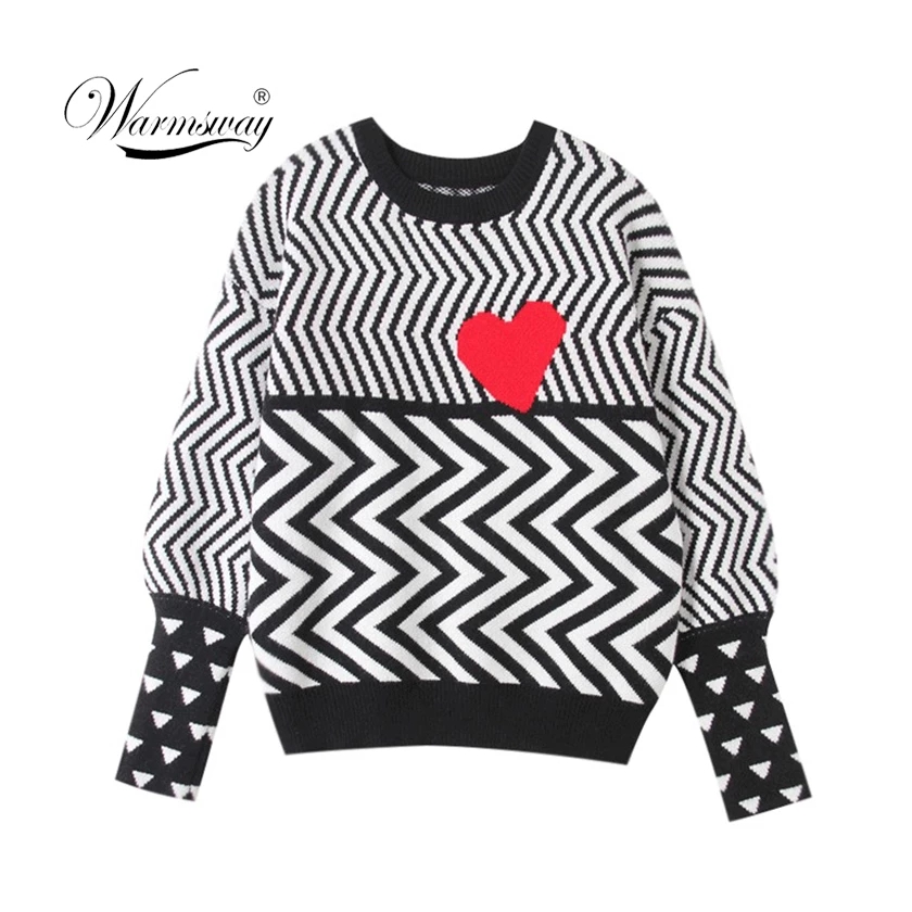 

2021 Autumn Winter Women Sweaters Geometric Heart Pattern Long Sleeve Tops Lovely Pullovers Knitted Loose Jumper C-005, Black
