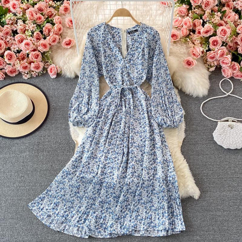 

Casual Dresses Autumn Women Printed Draped Midi Dress Vintage V-Neck Puff Long Sleeve High Waist Chiffon Vestidos Blue/Black/Khaki Robe 2021