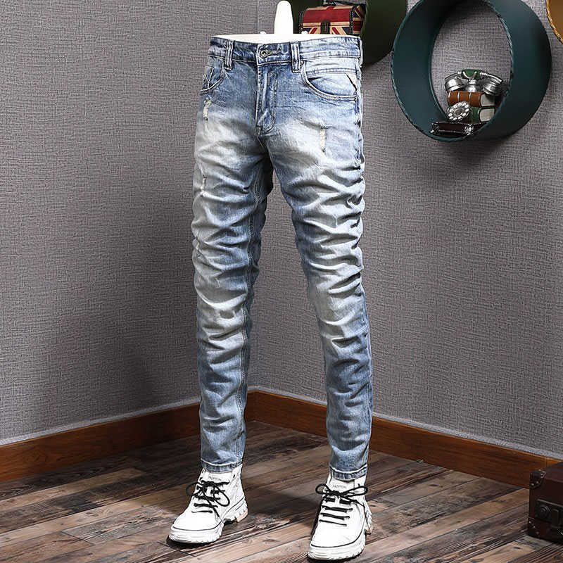 

Ly Designer Fashion Men Jeans Retro Light Blue Elastic Slim Fit Frayed Hole Ripped Vintage Plain Casual Denim Pants 28DS