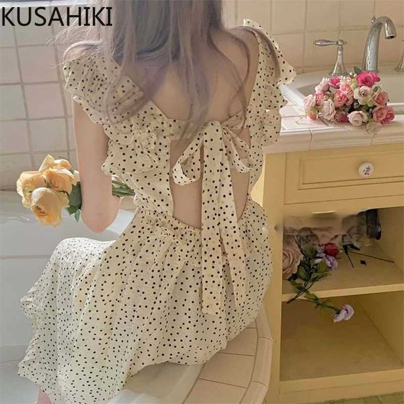 

KUSAHIKI Dot Tank Dress Bow Tie Backless Korean Dresses Square Collar Flying Sleeve Fashion Sweet Vestidos Summer 6J575 210602, White
