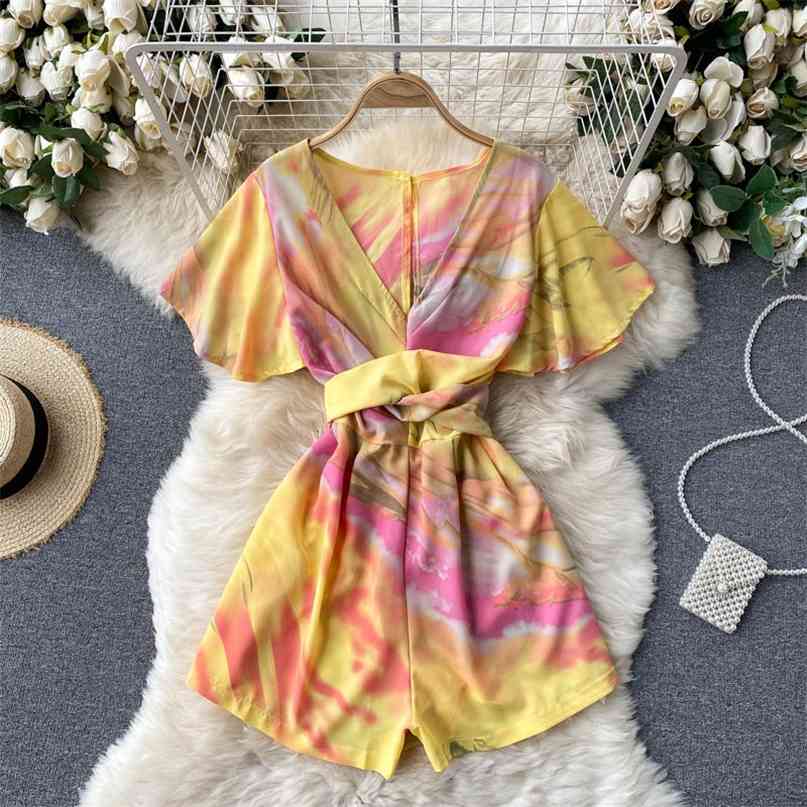 

Ins Fashion Tie Dye Print Playsuit Women Summer V-neck Short Sleeve Tie-up Hollow Out Back Wide Leg Casual Rompers 210603, Yellow