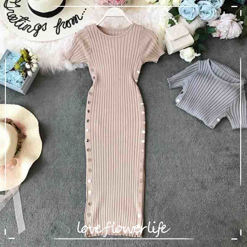 

Women Summer Knitted Dresses Short Sleeve O-Neck Elasticity Slim Buttons Midi Dress Ladies Casual Party Bodycon Vestidos 210521, Gray