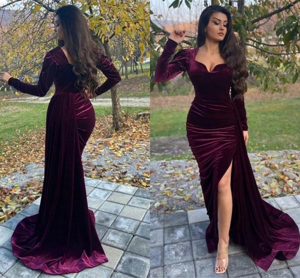 

Arabic Mermaid Evening Dress Long Sleeve Side Split Morocco Kaftan Soft Velvet Prom Dresses Women Party Gowns Dubai Vestidos De Fiesta robe de soiree 2022, Champagne