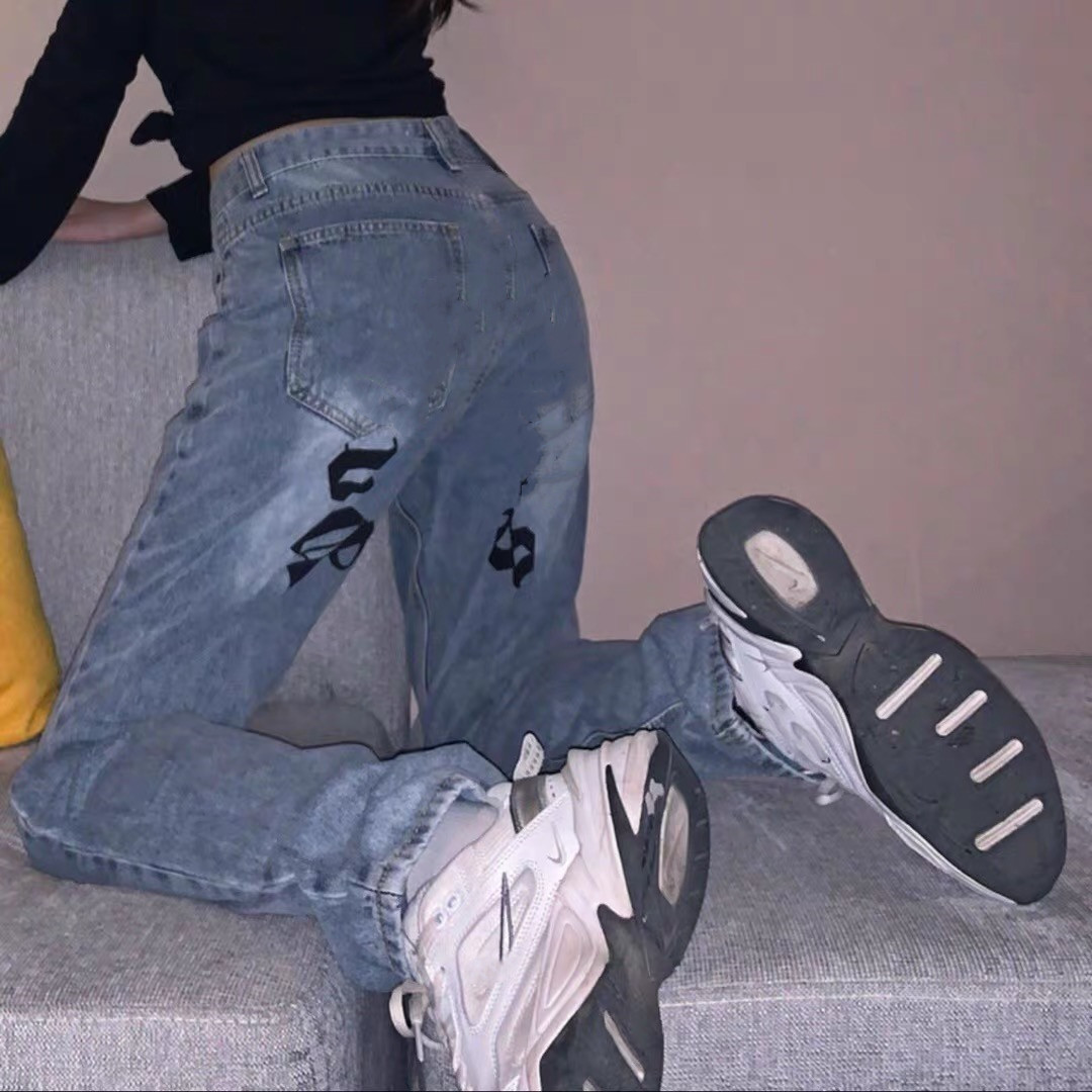 

Fashion European American womens palm Jeans high-end pants stretch straight men and women Stretchs trousers casual angels Letter printing jean, Blue