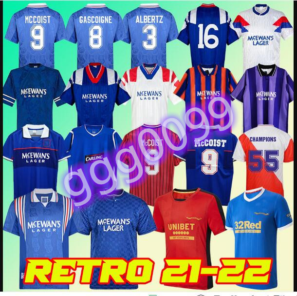 

Retro 21 22 Glasgow Rangers FC 150th Anniversary Soccer Jerseys 2021 2022 CHAMPIONS Football Shirt GASCOIGNE 87 90 92 94 96 97 99 01 KENT LA, Rangers 21 22 red