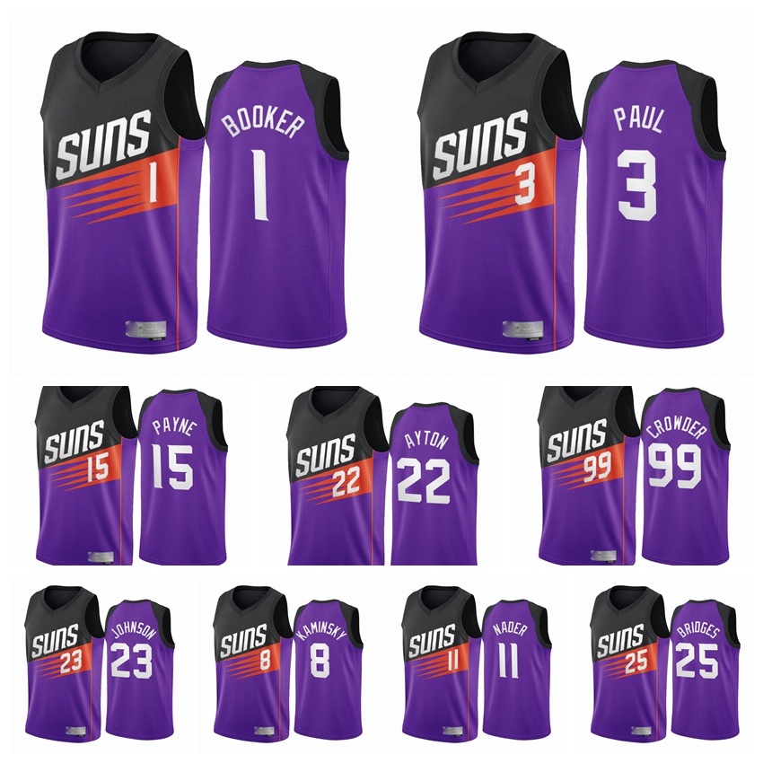 

Phoenix Suns Men Devin Booker DeAndre Ayton 3 Chris Paul 2021 Earned Edition Purple #1 Basketball Jersey Swingman, Black;red
