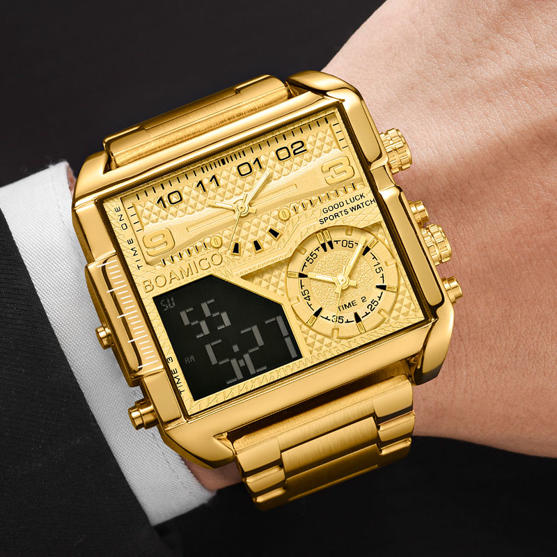 

BOAMIGO 2021 New Top Brand Luxury Fashion Men Watches Gold Stainless Steel Sport Square Digital Analog Big Quartz Watch for Man, Silver white