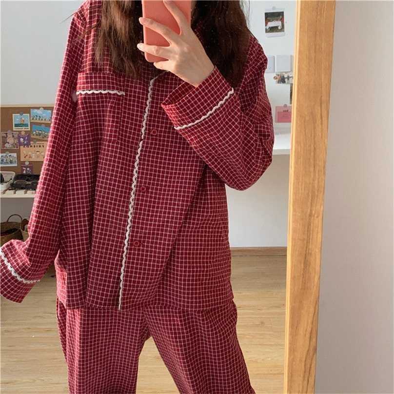

Japanese Pajama Women Long Sleeved Autumn Winter Sleepwear Set Red Plaid Pyjamas Girls Home Clothes for Female Homewear 211109, Hongge
