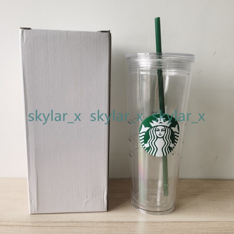 

24OZ/710ml Starbucks Tumblers Green Straw Double Plastic Straw Cup With Large Capacity Coffee Cups Gift Mug, Customize