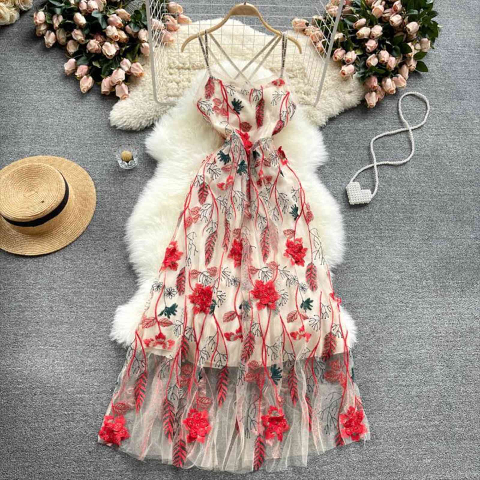 

summer french resort style retro women dress mesh embroidered square neck suspender waist female slim dresses de026, Black;gray