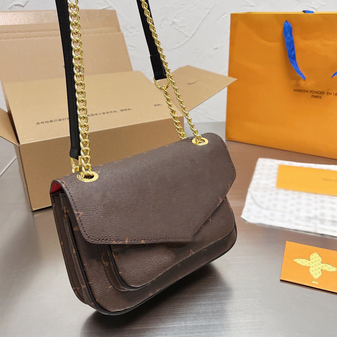 

France Brand Classic Passy Chain Crossbody Bags High Quality Genuine Leather Old Flower Shoulder Bags Handbags Fashion Best-selling Totes Luxury Designer Bag, Brown