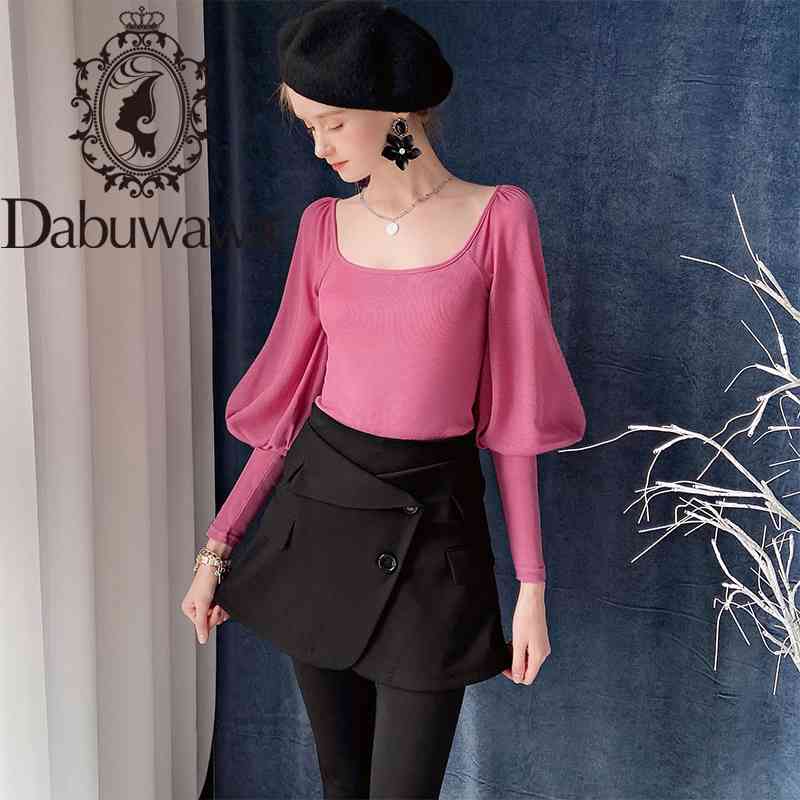 

Dabuwawa Autumn Sexy Solid T Shirts Women Lantern Sleeve Square Neck Slim Fit Casual Basic T-shirts Tees Tops Female DT1CTS003 210520, Black