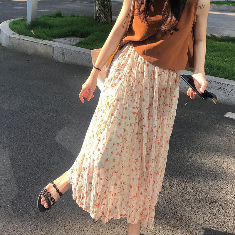 

Skirts 2021 Women Spring Summer Elegant Chiffon Faldas Lady Floral High Waist Maxi Pleated Skirt Female Casual Loose A-line E567, Apricot