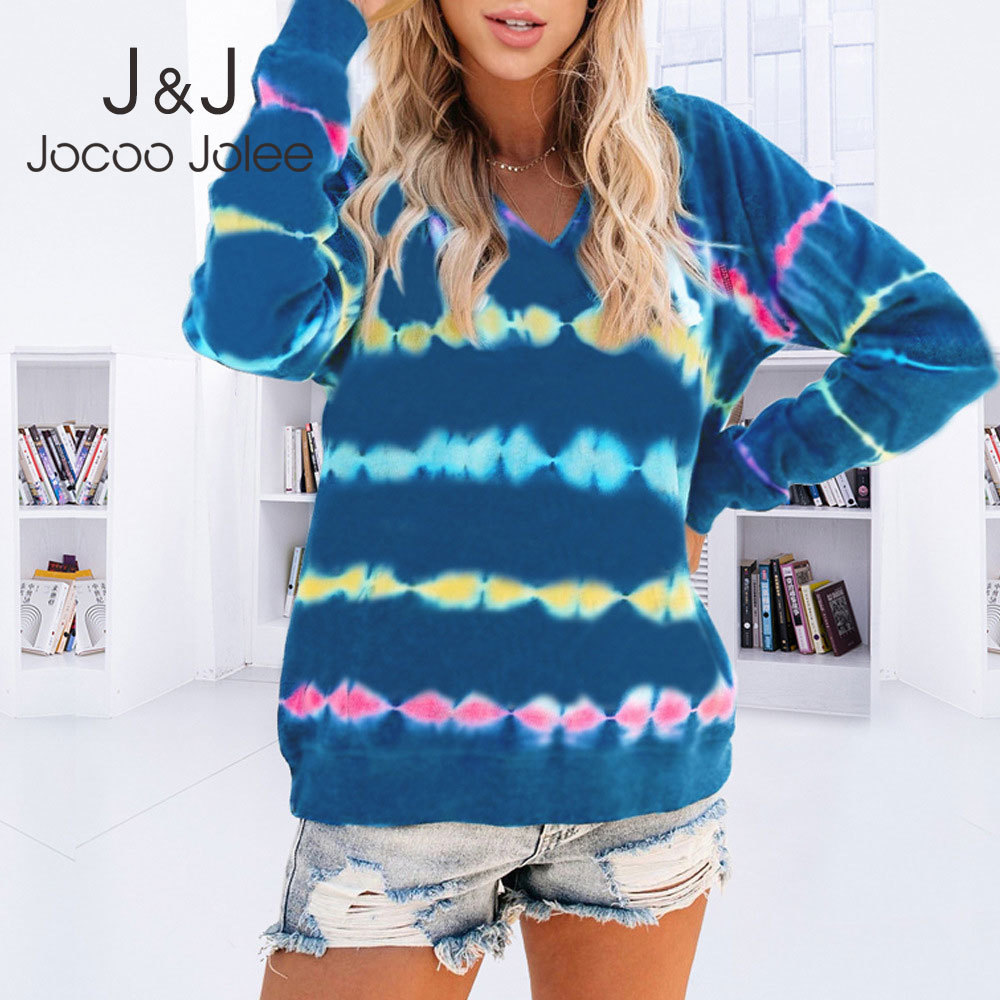 

Jocoo Jolee Casual V-neck Hooded Sweatshirts Long Sleeve Oversized Tie Dye Hoodies Vintage Harajuku Pullover Tops Streetwear 210518, Black