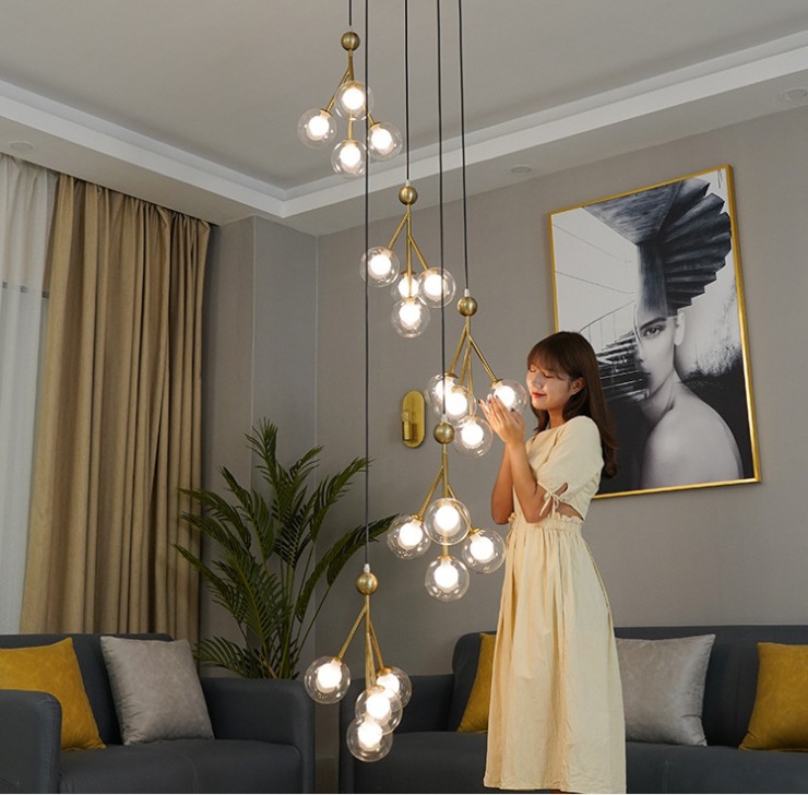 

Stair Lamp Long Chandelier Lighting Lights Nordic glass Led Modern iron art Villa Revolving