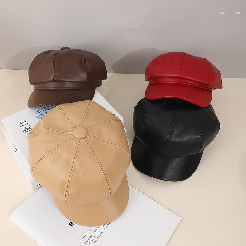 

Berets Autumn And Winter Solid Color Octagonal Hat Female British Beret Cap All-match Leather Retro Tide, White
